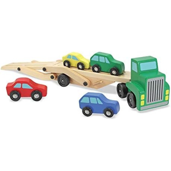 Melissa & Doug Car Carrier Truck and Cars Wooden Toy Set With 1 Truck and 4 Cars | Wooden Cars, Vehicle Toys, Push And Go Wooden Trucks For Toddlers And Kids Ages 3+