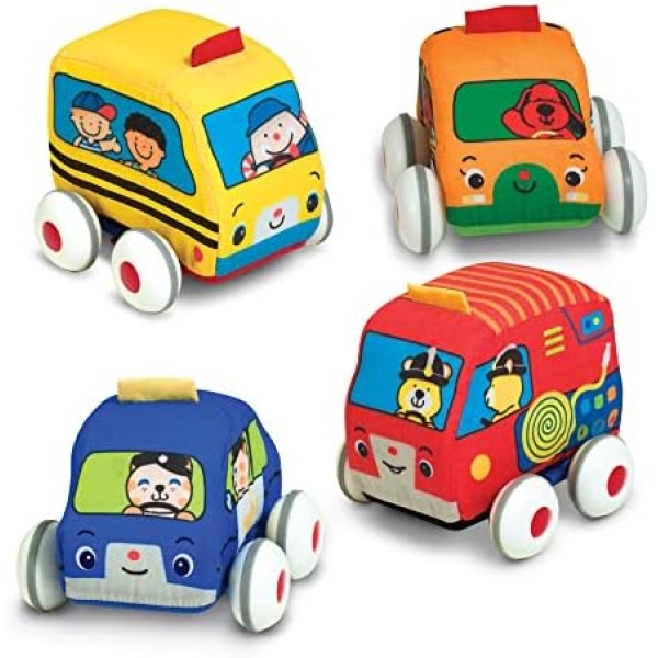 Melissa & Doug K's Kids Pull-Back Vehicle Set - Soft Baby Toy Set With 4 Cars and Trucks and Carrying Case - Pull Back Cars, Soft Vehicles Toys For Babies And Toddlers