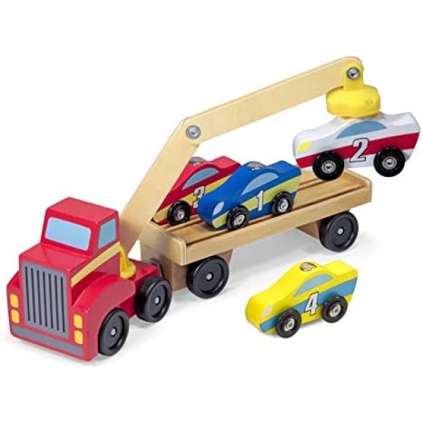 Melissa & Doug Magnetic Car Loader Wooden Toy Set With 4 Cars and 1 Semi-Trailer Truck | Crane Wooden Toy, Vehicle Toys For Kids Ages 3+ Red