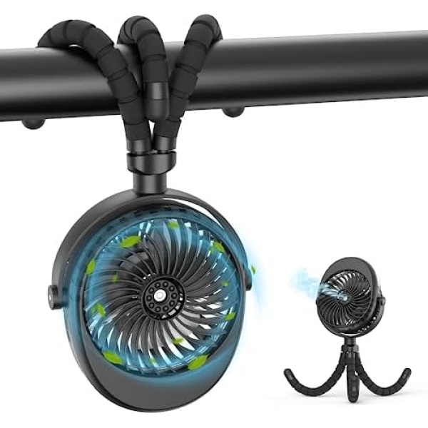 Misting Stroller Fan, 2500mAh Battery Powered Personal Desk Air Circulator Fan with Flexible Tripod, Ultra Quiet 3 Speed 270° & 360° Rotatable USB Fan for Stroller Office Camping Hurricane Outage