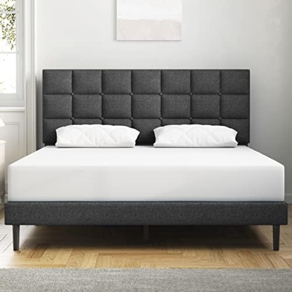 Molblly Queen Size Upholstered Platform Bed Frame, No Box Spring Needed &Easy Assembly, with Headboard and Strong Wooden Slats Queen Bed Frame Gray