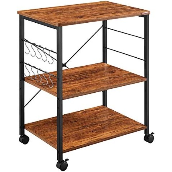 Mr IRONSTONE Kitchen Cart 3-Tier Kitchen Baker's Rack Utility Microwave Oven Stand Storage Rolling Workstation with 10 Hooks for Living Room (Vintage)