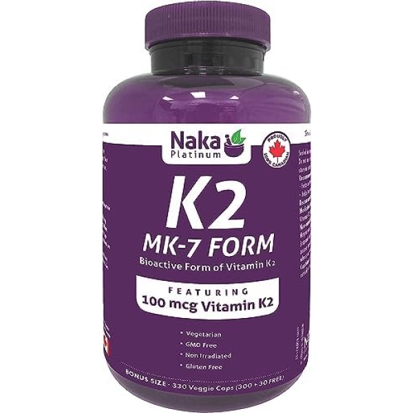 Naka Platinum K2 (MK-7 form)100 mcg SUPER BONUS Size 330 Veggie Caps (300+30 FREE) Bioactive Form of Vitamin K2