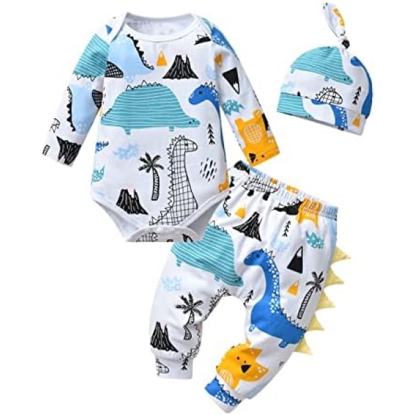 Newborn Baby Boys Outfits Little Infant Boy Dinosaur Print Clothes Romper Long Pants Hat 3pcs Set