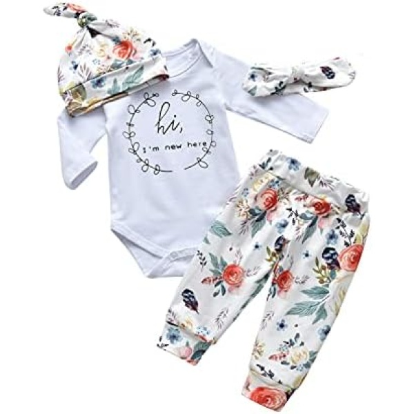 Newborn Baby Girl Clothes Infant Long Sleeve Romper Flowers Pants Headband Outfit Set