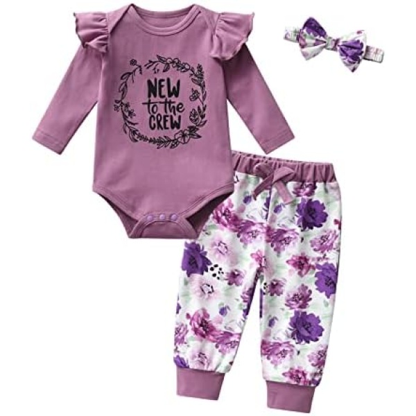 Newborn Baby Girl Clothes Preemie Long Sleeves Romper+ Floral Pants Headband 3pcs Set