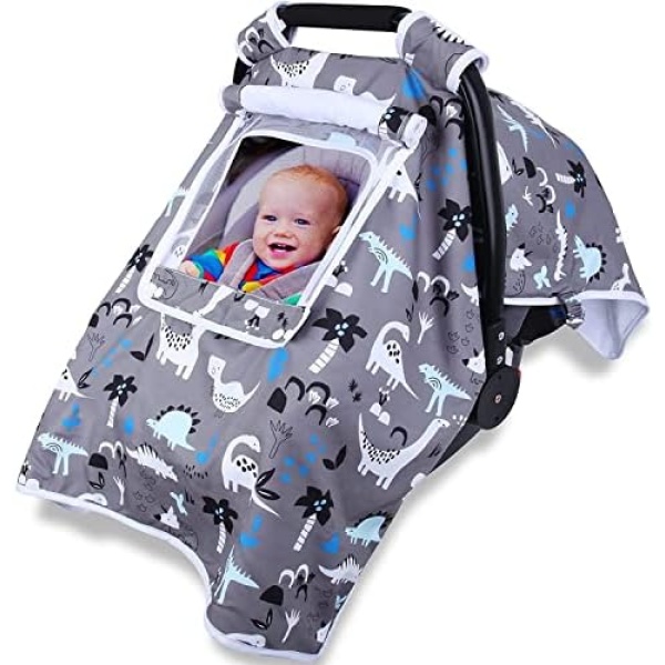 Ouamvh Baby Car Seat Cover, Infant Carseat Canopy with 2 Layers Windows, Carrier Covers for Babies with Breathable Mesh Peep Window, Soft Stroller Cover Shower Gift for Newborn Boys Girls(Dinosaur)