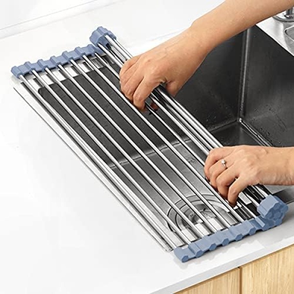 Over The Sink Dish Drying Rack, Roll Up Dish Drying Rack Kitchen Sink Rack Dish Rack Stainless Steel Sink Drying Rack, Foldable Dish Drainer (17.5''x15.6'')