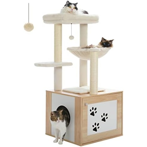 PAWZ Road Cat Tree with Litter Box Enclosure, 46" Modern Cat Tower Wood with Super Large[Dia 15.7"] Hammock, Cat Condo with Cat Scratching Posts, Big Removable Top Perch & Dangling Ball, Wood Beige