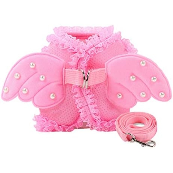 POPETPOP Cat Harness and Leash Set - Pink Adorable Pet Cat Dog Rabbit Harness and Leash Set with Lace Artificial Pearl Angel Wing