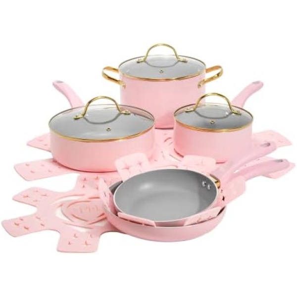 Paris Hilton Epic Nonstick Pots and Pans Set, Multi-Layer Nonstick Coating, Tempered Glass Lids, Soft Touch, Stay Cool Handles, Made Without PFOA, Dishwasher Safe Cookware Set, 12-Piece, Pink