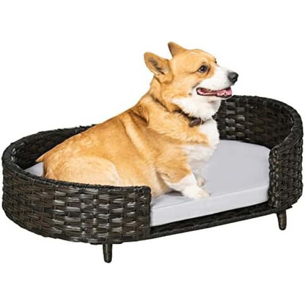 PawHut Rattan Pet Sofa Indoor & Outdoor, Raised Wicker Dog Bed, Cat Couch, with Soft Cushion Washable Cover, for Small & Medium Dogs, Charcoal Grey