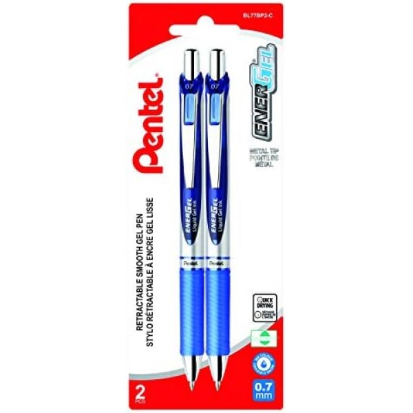 Pentel EnerGel Retractable Liquid Gel Roller, 0.7mm Medium Point Size, 2 Pack, Blue Ink - BL77BP2-C