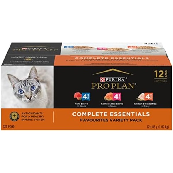 Pro Plan Wet Cat Food, Salmon & Rice, Chicken & Rice, Tuna Variety Pack 85g can (12 pack)