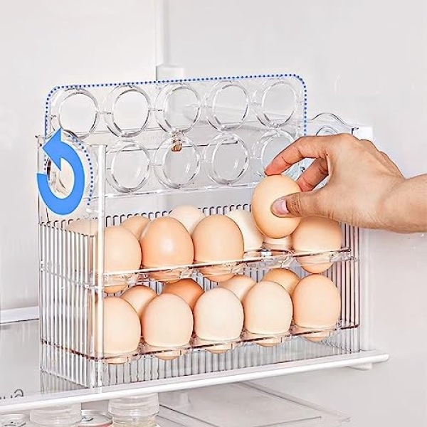 Refrigerator Egg Storage,3-Tier Clear Auto-Eject Trays Holds 30 Eggs Kitchen Countertop Refrigerator Storing