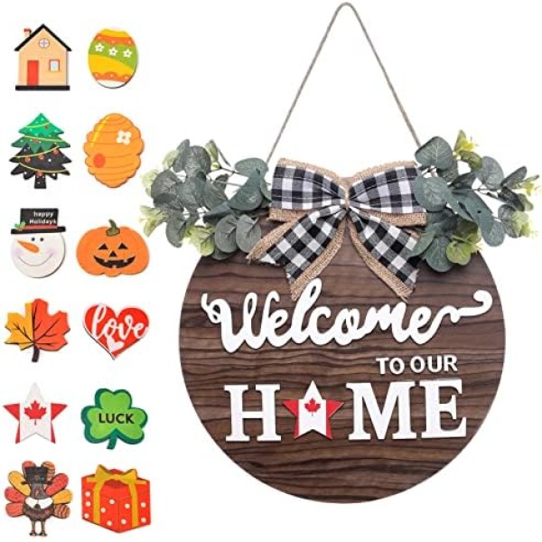 SWITTE Interchangeable Seasonal Welcome Sign Home Decor, Rustic Round Wood Wreaths Wall Hanging Outdoor, Farmhouse, Porch, for Spring Summer Fall All Seasons Holiday Halloween Christmas Decoration