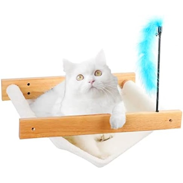 Satauko Cat Hammock with Cat Feather Teaser Wand Toy, Wall Mounted Cat Shelves for Large Indoor Cats, Cat Bed Furniture for Kitty Sleeping, Playing, Climbing, Lounging.