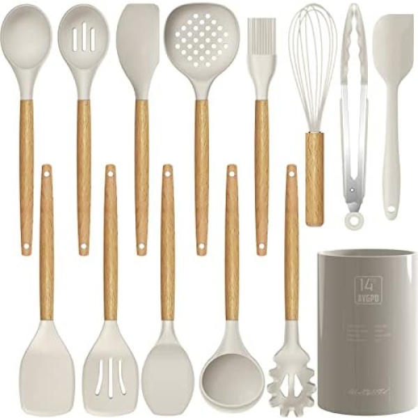 Silicone Cooking Utensils Kitchen Utensil Set - Heat Resistant Kitchen Utensils Spatula Set with Holder,Wooden Handle Silicone Kitchen Tools Gadgets for Non-Stick Cookware,BPA Free Khaki