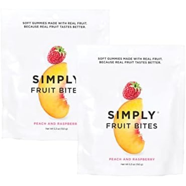 Simply Fruit Bites | Made with Real Fruit | Peach and Raspberry | Large Bags 5.3 oz (Pack of 2) | No Cane Sugar + Gluten Free + Kosher (Peach and Raspberry, 2 pack)