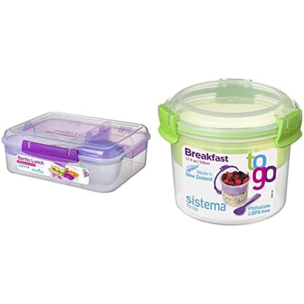 Sistema To Go Collection Bento Box Plastic Lunch and Food Storage Container, 55.7 Ounce & to Go Collection Breakfast Bowl Food Storage Container, 17.9 oz./0.5 L, Color Received May Vary