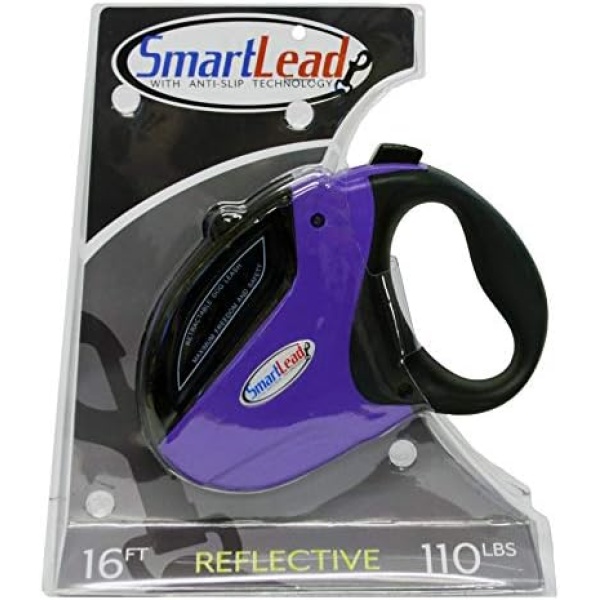 SmartLead Retractable, Reflective, Heavy-Duty 16-Foot Nylon Dog Leash, Tangle Free, Anti-Slip Brake Technology, Easy Grip Handle, Good for Dogs up to 110 Pounds – Purple, RL05PR