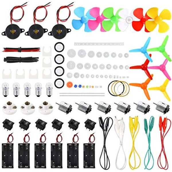 Sntieecr 6 Set 131 PCS DC Motors Kit, Mini Electric Motor 1.5-3V 15000RPM with 66 PCS Plastic Gears, Shaft Propeller, Bulbs, Buzzer Sounder, Science Experiment Set for Kid DIY STEM Engineering Project