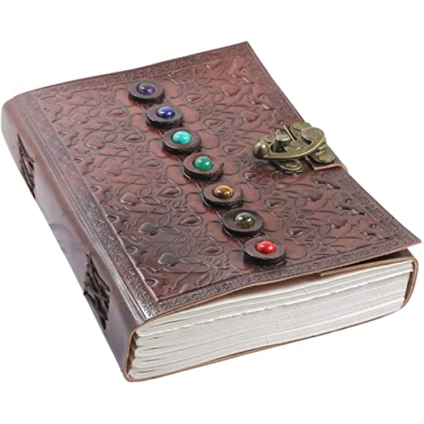 TABLEQUA Leather Journal - Seven Chakra Medieval Stone Embossed Handmade Book | Unlined Travel & Sketch Writing for Personal Diary Notebook with Men and Women (Brown), 7 x 1.5 10 (TQ-0037)