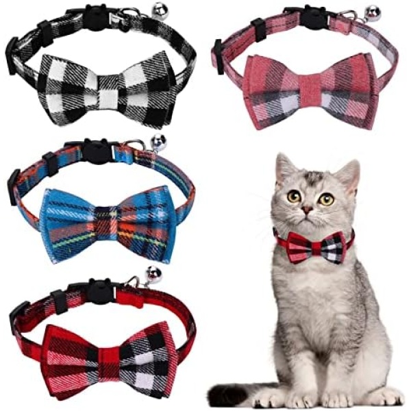 TIESOME 4Pcs Cat Collar with Bow and Bell, Adjustable Kitten Collars Cute Plaid Cat Bow Tie Collars Personalized Breakaway Kitten Collar for Kitten Cats and Small Dogs