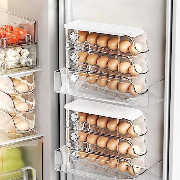 TOVE KNIGHTY Egg Holder for Fridge, Clear Plastic 18 Eggs Stackable Storage Box with Automatic Egg Roller, Egg Tray with Lids, Egg Storage Container for Fridge(18 Eggs/3 Pcs)