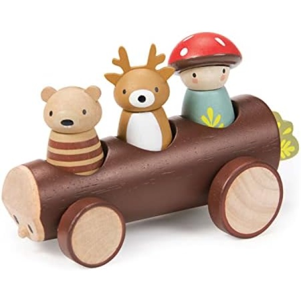 Tender Leaf Toys - Timber Taxi - Wooden Log Shaped Push Vehicle with 3 Removeable Characters - Open-Ended Play Toy, Explore Role-Play and Imagination for Boys and Girls - Age 18m+