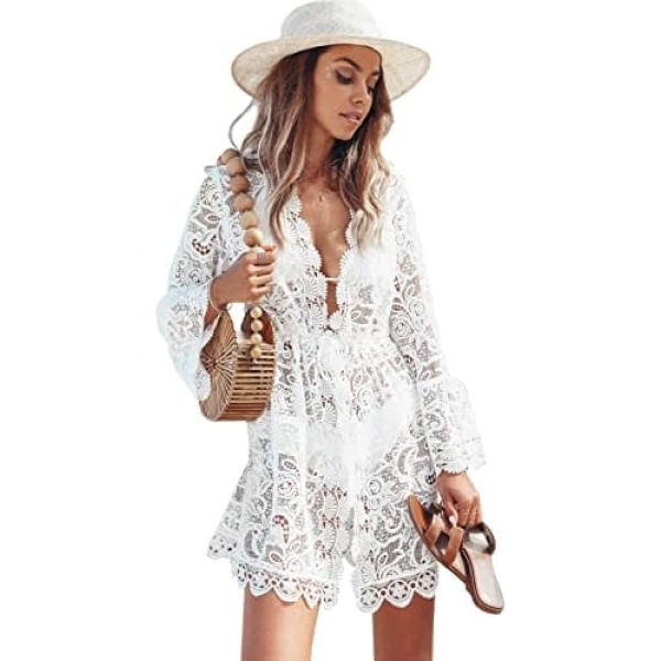 UMIPUBO Women Cover Ups for Swimsuit Bathing Suit Bikini Cover Up Beach Swimwear V Neck Hollow Out Lace Summer Dress Kimono