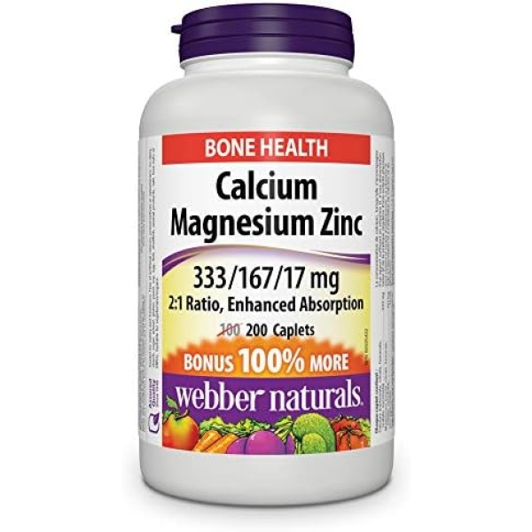 Webber Naturals Calcium with Magnesium and Zinc, 200 Caplets, Enhanced Absorption, Helps Support Bones and Teeth, Vegan