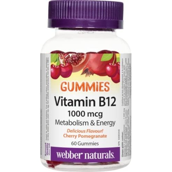 Webber Naturals Vitamin B12 Cyanocobalamin 1,000 mcg, 60 Gummies, Supports Energy Production and Metabolism, Gluten Free, Non-GMO, Vegan