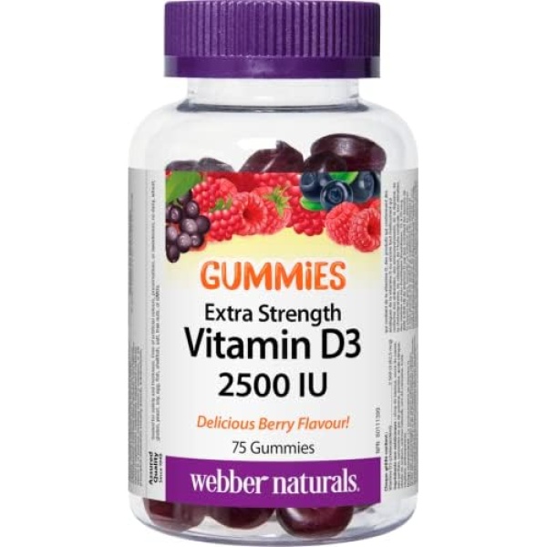 Webber Naturals Vitamin D3 2,500 IU, 75 Gummies, For Healthy Bones, Teeth, and the Maintenance of Good Health, Gluten and Diary Free, Non-GMO