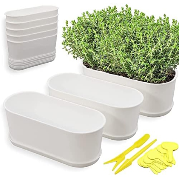 Window Box Planter with Saucers 5 Sets,Plastic Planters with Multiple Drainage Holes and Trays,Flower Pots for Home Garden Succulents Modern Decorative Window Planter Box,Garden Pot Plant Container