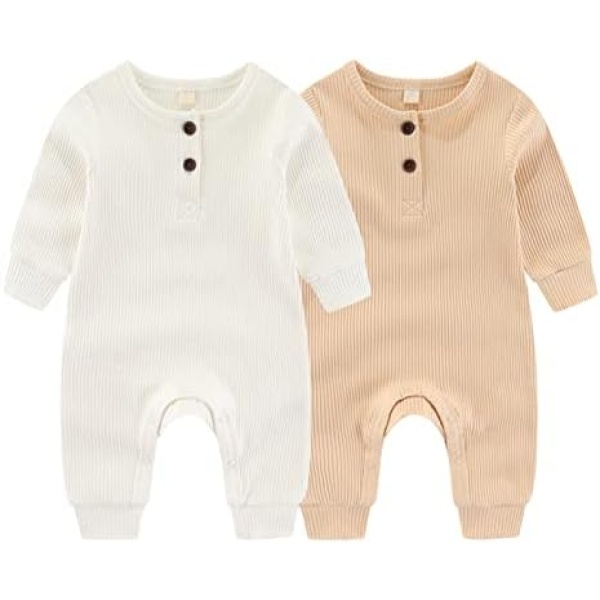 ZAV Solid Unisex Baby Boy Girl Rompers 2 Pack Long Sleeve Jumpsuits Infants Clothes Outfits