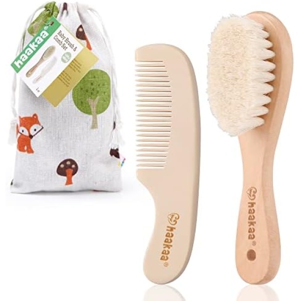 haakaa Baby Hair Brush and Comb Set for Newborns and Toddlers-Natural Soft Goat Bristles and Wooden Handle