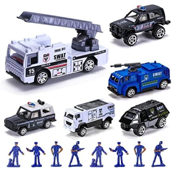 14 Pack Die-cast Police Rescue Truck Vehicles Sets,6 Pack Mini Police Vehicles Model Car Toys, 8 Policemen，Mini Alloy Metal Pull Back Car Toys for Boys Girls Toddlers Birthday Christmas Party Favors