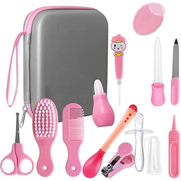14 pcs Baby Grooming Kit, RoseFlower Baby Healthcare Kit, Baby nail cutter kits, Include Baby Brush Comb Nail Clipper Finger Toothbrush, Nursery Health Care Set for Newborns Infant Boys Girls#pink