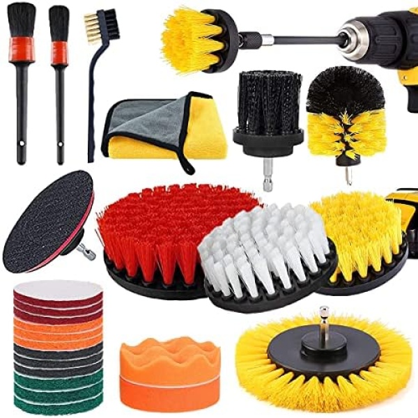 27 Piece Drill Brush Attachment Set, Power Scrubber Drill Brush Kits, Scrub Brush with Extend Long Reach Attachment, Scrub Pads & Sponge, Buffing Pads, for Bathroom/Kitchen/Car Cleaning Supplies