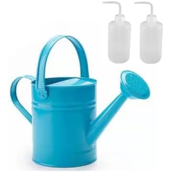 3PCS Package / 1PC 1.5L (51oz) Metal Watering Can + 2PCS Watering Bottle (250ml+250ml) Succulent Plastic Squeeze Bottle- Kids Children Garden Outdoor Watering Bucket - Small Portable Indoor Watering Equipment with Anti-Rust Powder Coating Treatment and Beautiful Color (Blue)