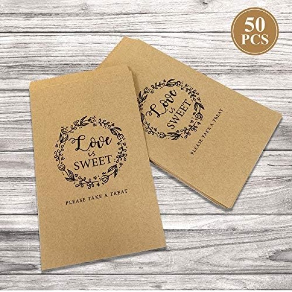 50Pcs Wedding Favors Candy Buffet Bags - Brown Kaft Paper Wedding Favor Rustic Bags Good for Treat Snacks or Cookie Buffets - Please Take A Treat