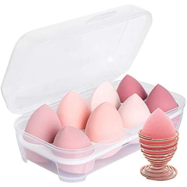 8 Pack Makeup Sponge Set,Makeup Puff Beauty Makeup Egg,Soft Polyester Makeup Blender Sponges with Sponge Holder (Pink)