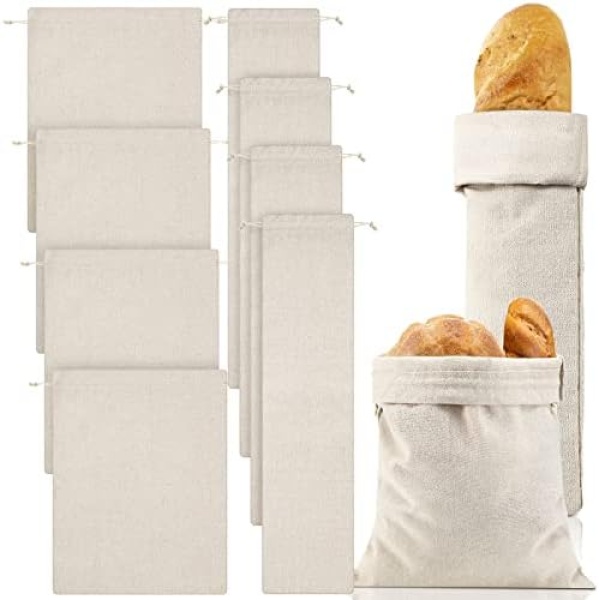 8 Pcs Large Linen Bread Bag 2 Sizes Drawstring Reusable Bread Bags for Homemade Bread Storage 12x15 in and 6x27 in Unbleached Bread Container Gift Bags for Bread Loaves for Home Bakery Picnic Wedding