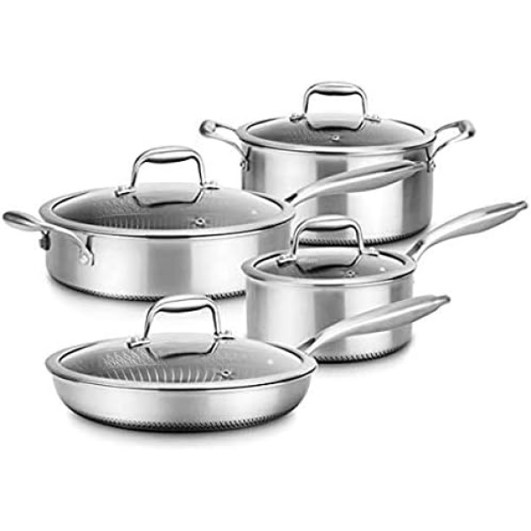 8-Piece Triply Cookware Set Stainless Steel-Triply Kitchenware Pots & Pans Set Kitchen Cookware w/Dakin Etching Non-Stick Coating-Sauce Pot, Stew Pot, Cooking Pot, Frying Pan, Lids-NutriChef NC3PLY8Z