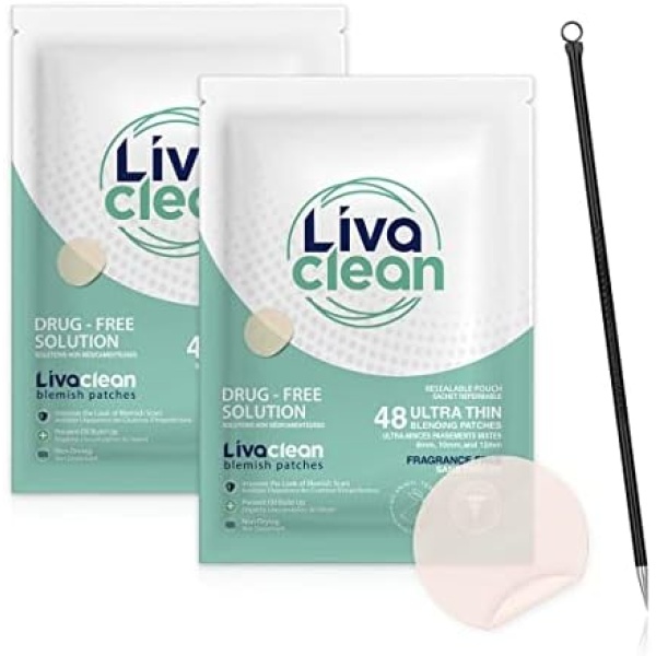 96 Count (2-Packs of 48) LivaClean Blemish Patch & Blackhead Tool, Blemish Hydrocolloid Patch Stickers - Pimple Patches - Zit Patch - Blemish Absorbing Cover - Skin Care Treatment - Black head Extractor Tool (Black)