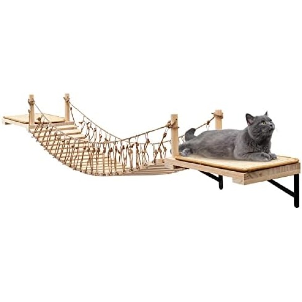 A.FATI Wall-Mounted Cat Roped Bridge, Cat Wall Furniture with Sisal Cat Scratch Mat, Wooden Cat/Kitty Bed, Wall Shelves and Perches for Sleeping, Playing, Climbing, Cat Climber Shelf