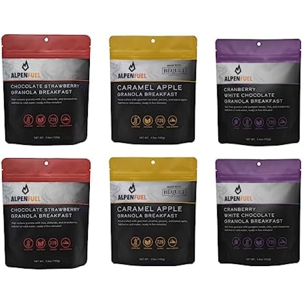 Alpen Fuel Bestsellers 6 Pack (2 pouches each of Caramel Apple, Cranberry White Chocolate, and Chocolate Strawberry) - with powdered milk - Gluten Free - Vegetarian - Tastes Great - Backpacking and Camping Food - Low Sodium - Quick Prep