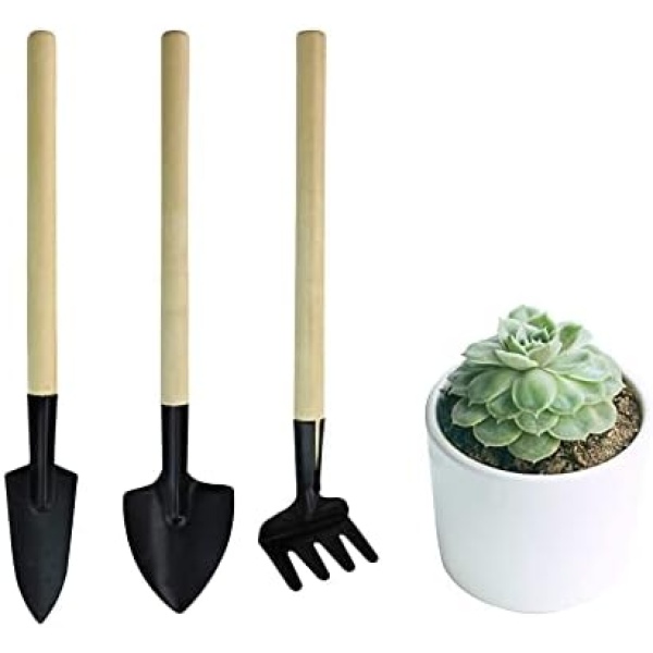 Andiker Mini Gardening Tools, 3pcs Portable Garden Hand Tools Set, Miniature Gardening Rake Trowel and Shovel for Seedlings, Bonsai, Succulents, Herbs, Terrariums and Planting (3pcs)