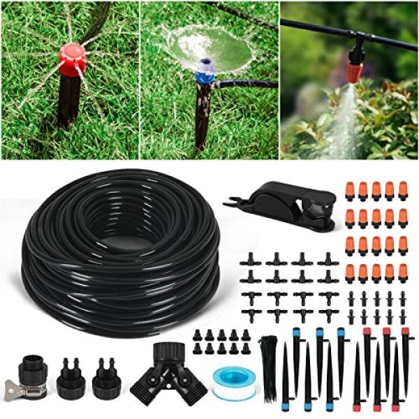 Aomedeelf Drip Irrigation Kit, 100FT/30M Irrigation System, 1/4 Inch Garden Watering System with Adjustable Nozzle Emitters & Sprinkler Barbed Fittings